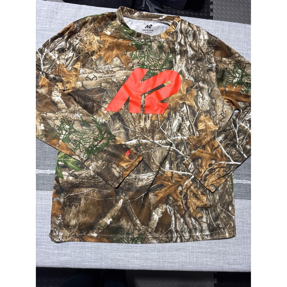 K2‎ Realtree Camo Long Sleeve Shirt Mens Medium Orange Logo Outdoor Hunting